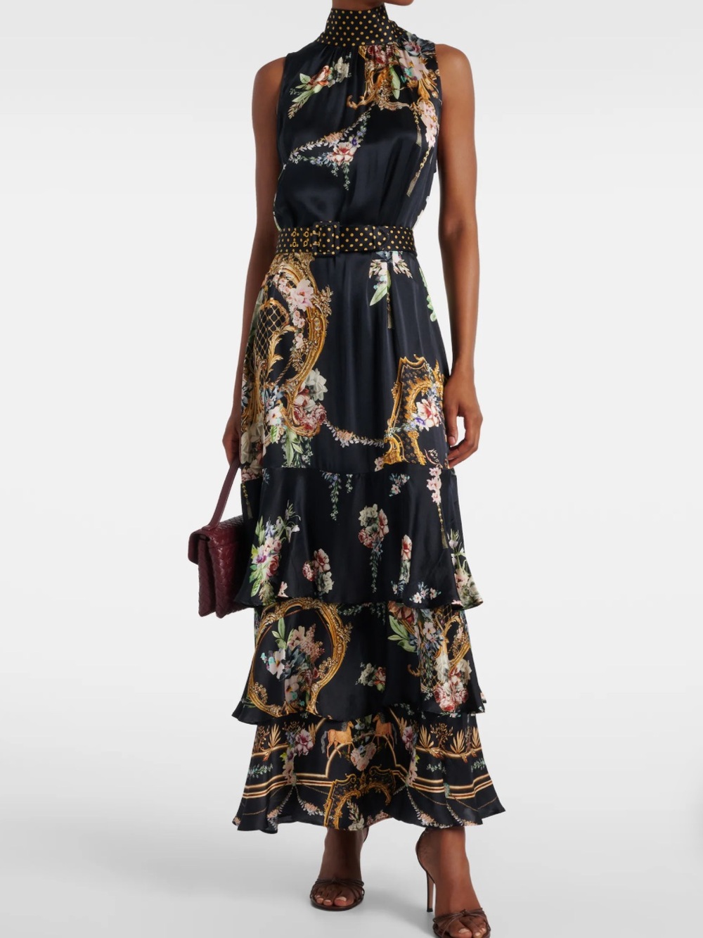 Camilla Black Floral Silk  Maxi Dress with Gold Motifs
